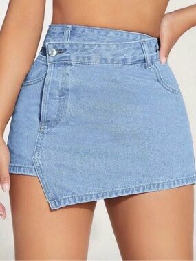 SHEIN Light Blue Asymmetric High-Rise Denim Mini Skirt